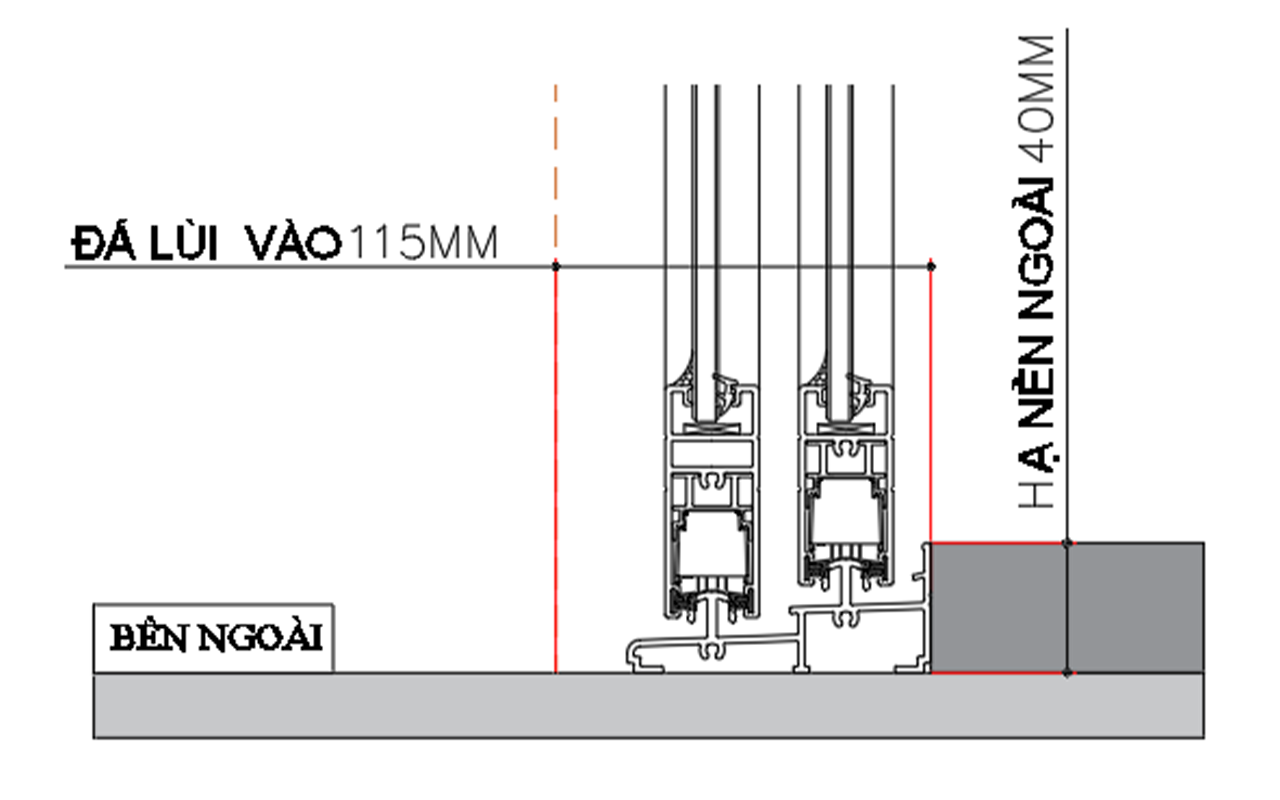 Mặt cắt chừa đá cho cửa nhôm xingfa hệ 93 cửa đi 2 ray cao thấp