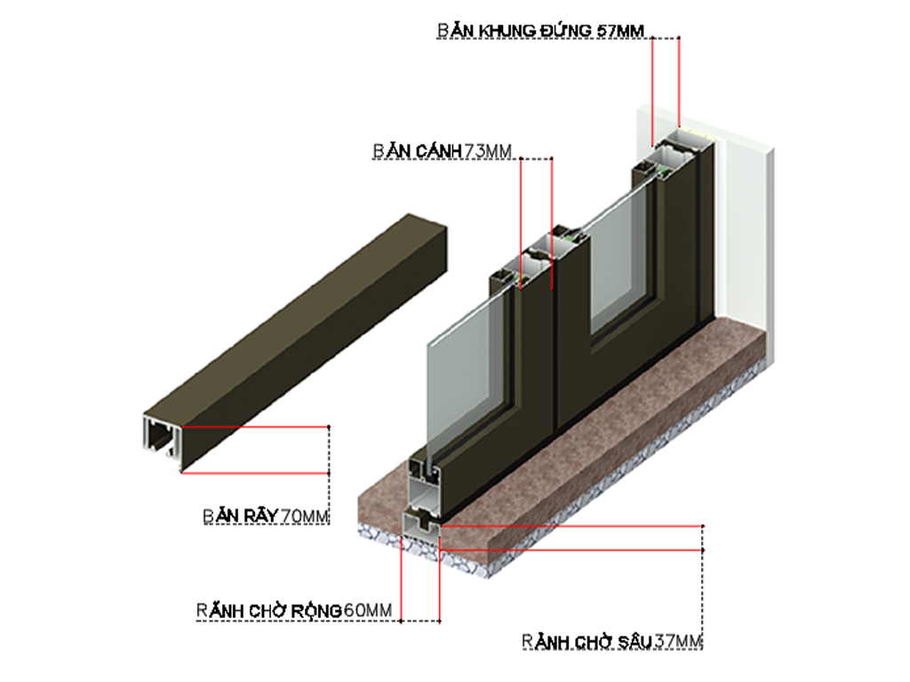 Mặt cắt nhôm xingfa hệ 63 rây âm