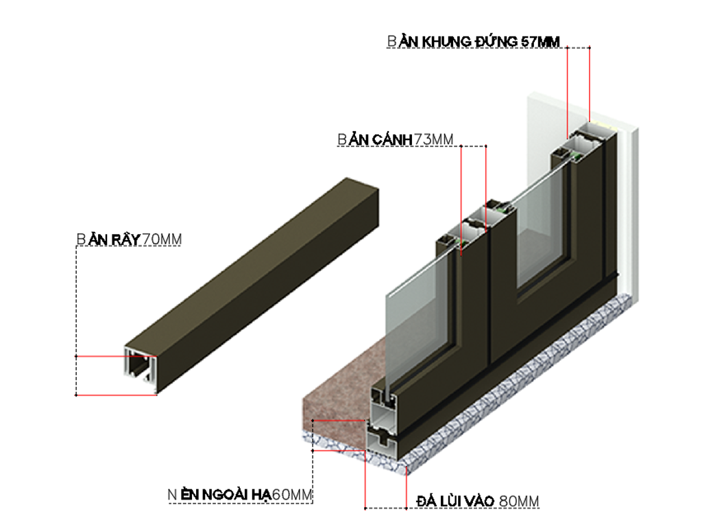 Mặt cắt nhôm xingfa hệ 63 rây có mi chắn nước